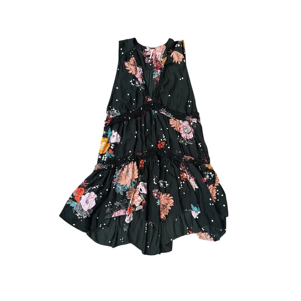 Free People‎ Floral Polka Dot Tunic Women Size S Black Boho Babydoll